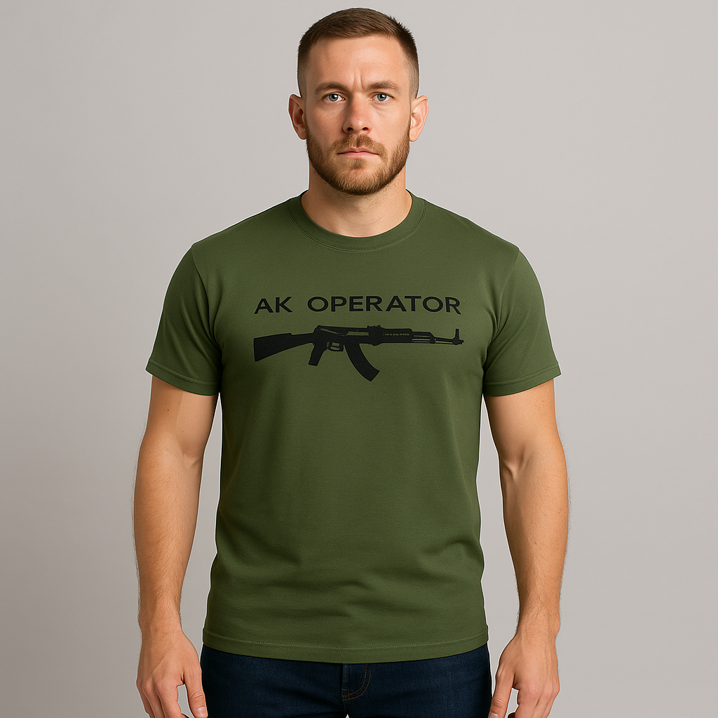 T-Shirt Round Neck Half Sleeves ? AK Operator Embroidery (Military Green/Black)